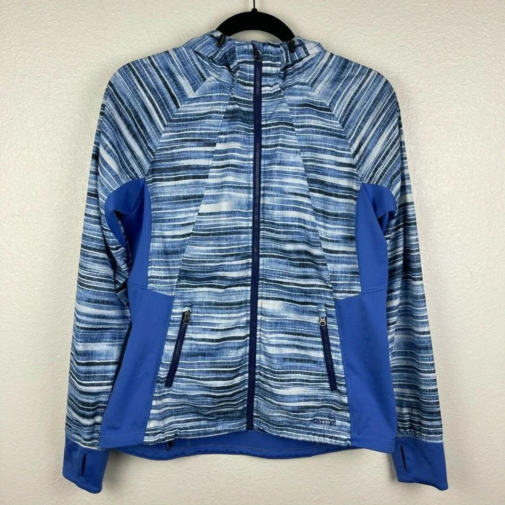 Marmot Jacket Women's Sz M Muse Track Hooded Full Zip Athletic Striped Blue